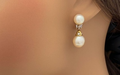 Pearl And Diamond 14k Yellow Gold Earrings