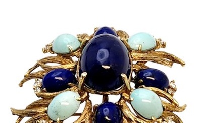 Pendant Vintage 14k Gold Lapis, Turquoise and Diamond Large Brooch