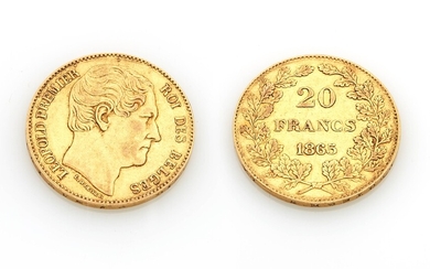 Pièce de vingt francs en or à l'effigie de Léopold premier roi des belges 1865....