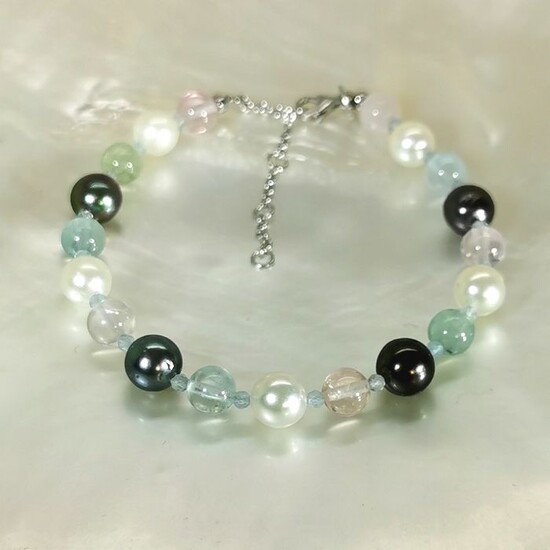 Precious stones multicolors & adjustable clasp - 925 Akoya pearls, Silver, Tahitian pearls - Bracelet - Beryls, Topazs