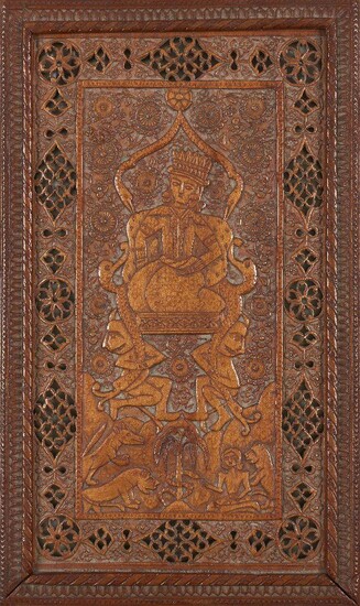 Property from an Important Private Collection A Qajar carved sandalwood mirror case, Iran, 19th century, of rectangular form, the sliding lid depicting a seated ruler carried on his throne by a pair of demons, an image of Majnun in the desert...