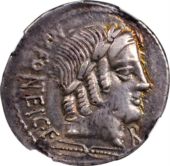ROMAN REPUBLIC. Mn. Fonteius C.f. AR Denarius (3.79 gms), Rome Mint, 85 B.C. NGC Ch VF, Strike: 4/5 Surface: 3/5.