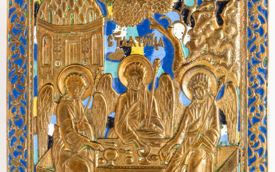 RUSSIAN METAL ICON SHOWING THE HOLY TRINITY (OLD tESTAMENT TYPE)