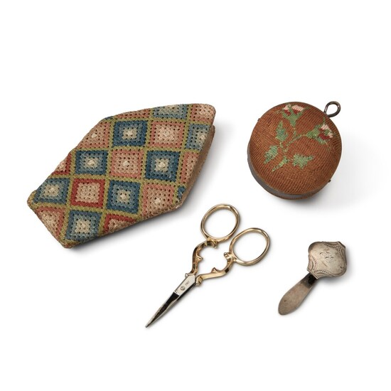 Rare American Needlework Scissors Case and Silver Banded Pin Cushion, 18th Century