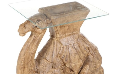 Recumbent Camel Form Cast Composite with Glass Top Side Table
