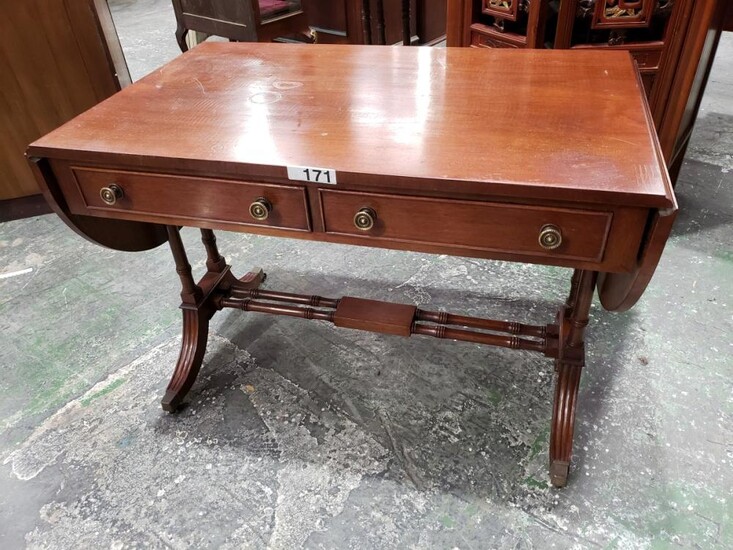 Regency Style Mahogany Sofa Table, with drop-leaves, on double turned end supports & conforming stretcher base