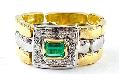 Ring - 18 kt. White gold, Yellow gold Emerald - Diamond