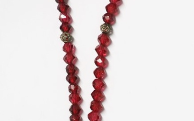 Rosary with cut red glass beads and filigree pendant with...