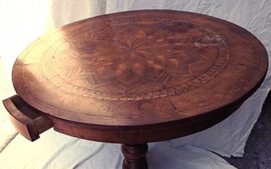 Round table with drawer, richly inlaid, France 18th/19th century, unrestored,...