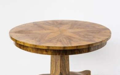 Salon table. Walnut and walnut root veneer. Punch foot, hexagonal...