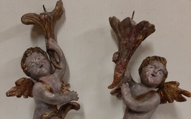 Sculpture, angels carrying candles (2) - Wood - Late 18th century