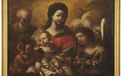 Scuola del secolo XVIII "Sacra Famiglia con San Giovannino e angeli" olio su t