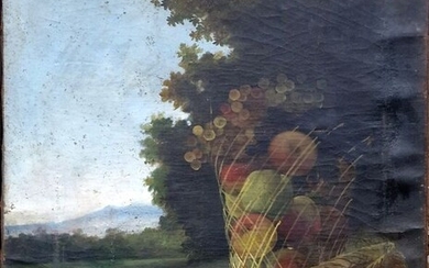 Scuola napoletana, XVIII - Natura morta con Vesuvio sullo sfondo