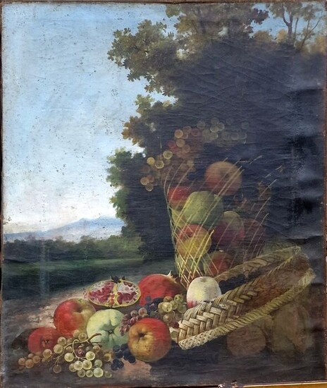 Scuola napoletana, XVIII - Natura morta con Vesuvio sullo sfondo