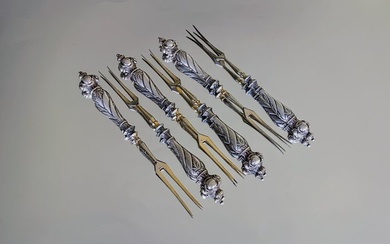 Set of 6 ornate pattern serving - Fork - .800 silver