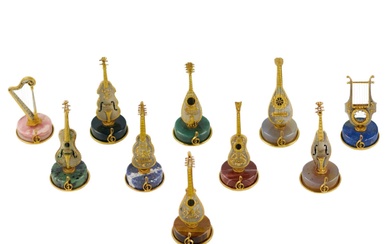 Set of Italian, silver miniatures of ten Renaissance string instruments.