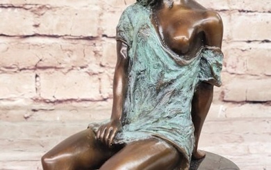 Sexy Semi Nude Girl - Bronze Sculpture Figure on Marble Base by Milo w/ Green Patina