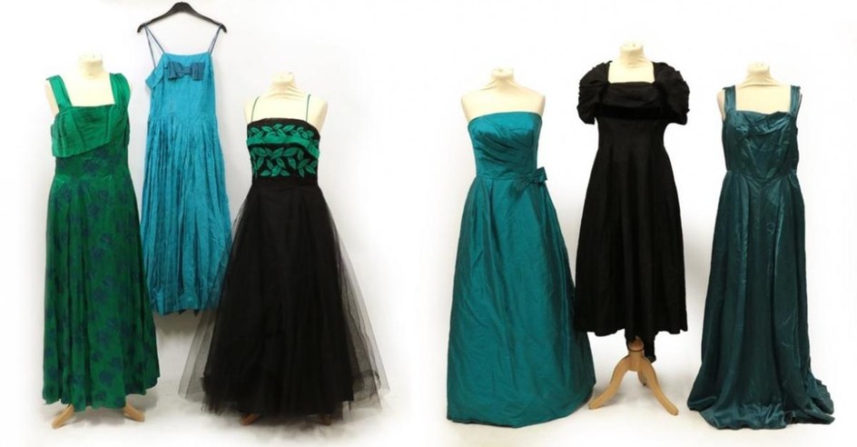 Six Circa 1950's Evening Dresses/Gowns, comprising a turquoise silk strapless...