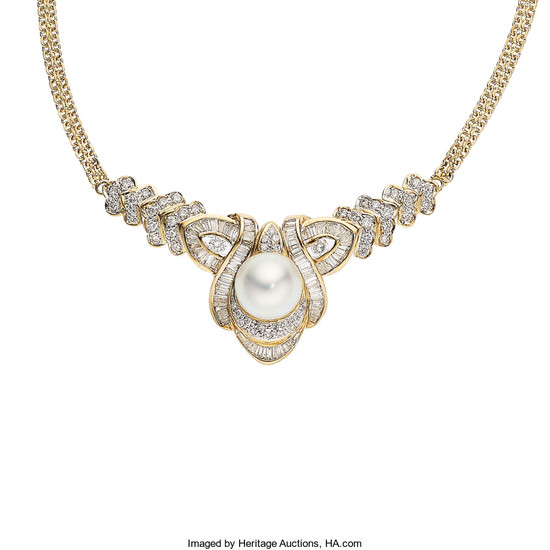 South Sea Cultured Pearl, Diamond, Gold Necklace The necklace...