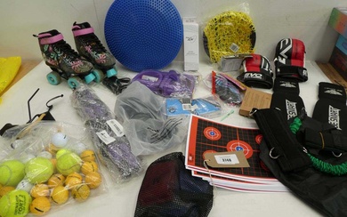 Sports accessories including balance board, shooting targets, catapult, sparing gloves,...