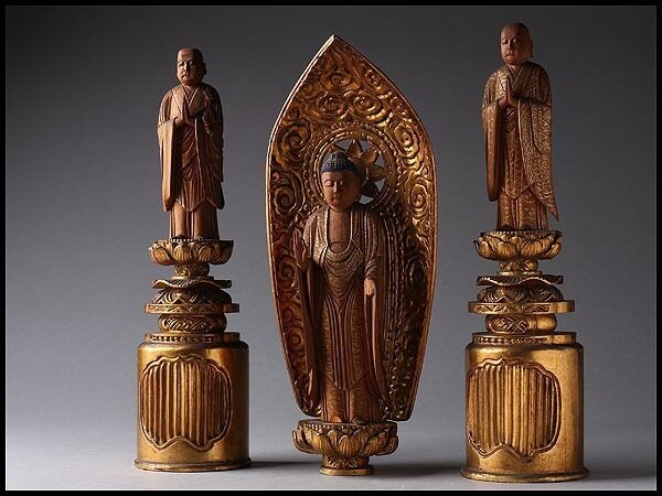 Statue-Amidanyorai Budha(阿弥陀如来) with Hounen-shounin(法然上人) and Zendou-taishi善導大師-3 statues carved in - Wood - Japan - 19th century