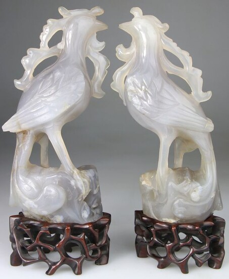 Statue, Pair Phoenix - Wood Base Stand (2) - Agate - China - Late 19th century