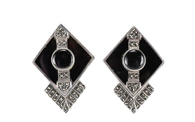 Sterling Silver Marcasite and Onyx Earrings art deco design style marked 925