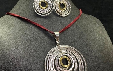 Sterling Silver & Brass Concentric Ring Necklace & Earrings
