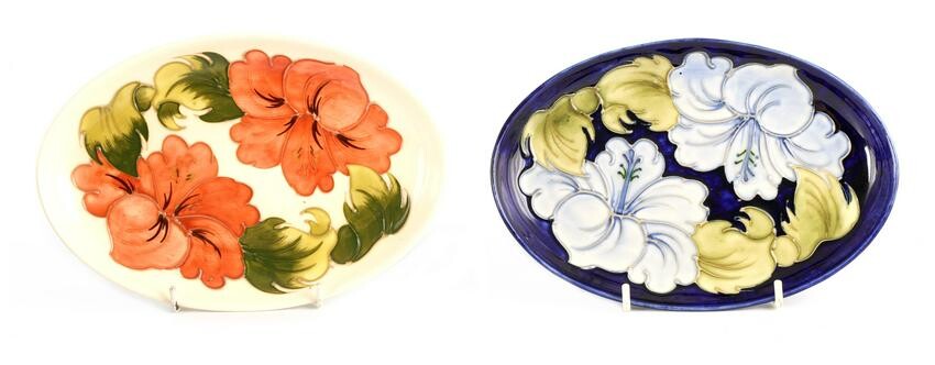 TWO LATE WALTER MOORCROFT OVAL SHALLOW DISHES with