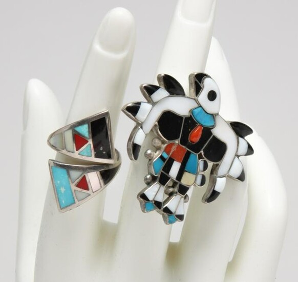 TWO VINTAGE INLAID SILVER ZUNI RINGS.