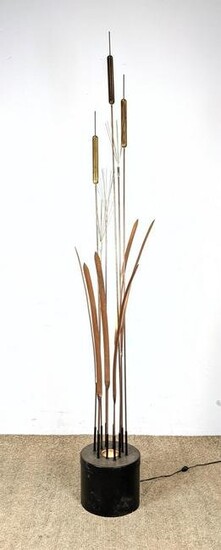 Tall Figural Mixed Metal Cattail Sculptural Floor Lamp.