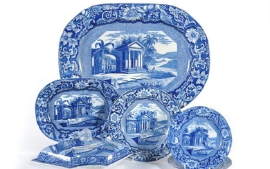 The remnants of a 'Palladian Porch' pattern blue and white printed pearlware dinner service
