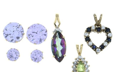 Three 9ct gold gem-set pendants, together with two pairs of earrings.