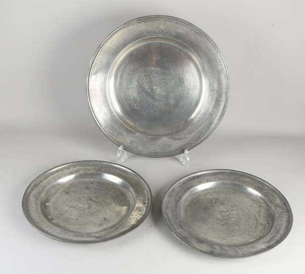 Three large antique pewter plates.&#160 With stamps +