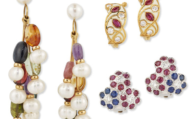 Three pairs of earrings, comprising: a pair of diamond, ruby...