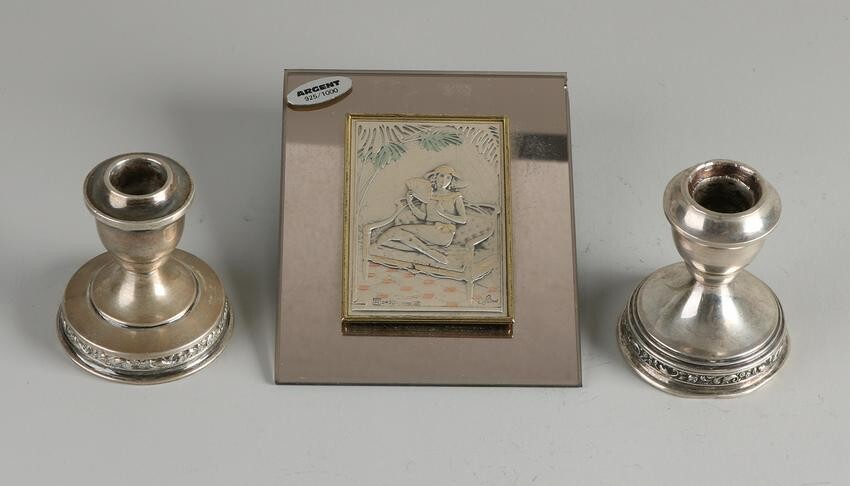 Three parts silver with 2 table candlesticks on a round