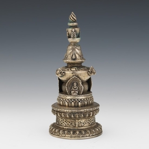 Tibetan Silver Tone Metal Stupa for Personal Shrine Mediation