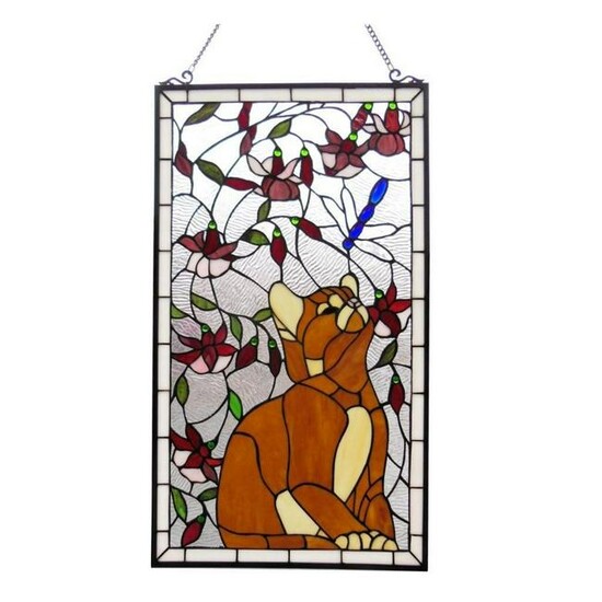 Tiffany Style Stained Glass Cat With Dragonfly Window