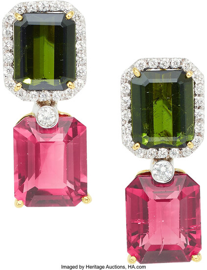 Tourmaline, Diamond, Gold Earrings The earrings feature emerald-cut pink...