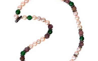 Tribal Style Multi Gemstone Beaded Necklace with Diamonds Made in Silver