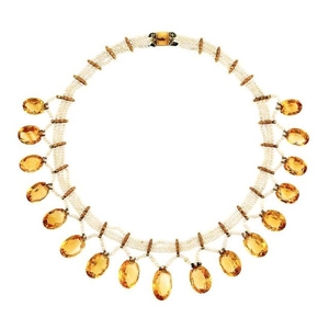 Triple Strand Seed Pearl, Gold and Citrine Fringe Necklace