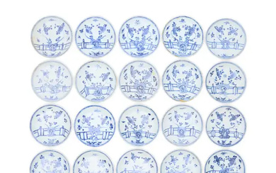 Twenty Chinese blue and white 'rocks on a terrace' saucers excavated from...