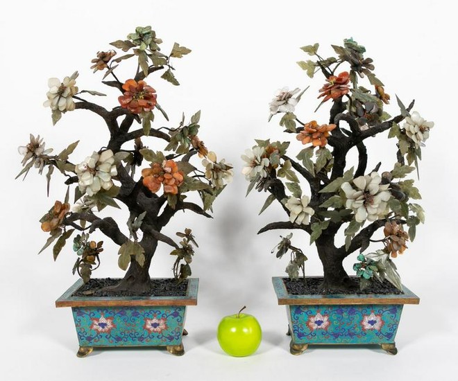 Two Chinese Jade Trees in Cloisonne Planters