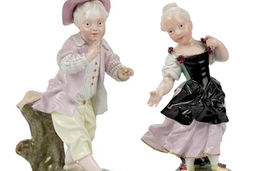 Two German porcelain figures of the Madchen mit flatterndem (girl with a fluttering dress) and the Lauschender Knabe (listening boy), possibly Hochst, possibly c.1770, blue wheel mark to girl, crowned blue wheel mark to boy, incised marks, the girl...