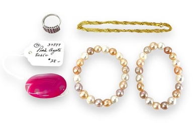Two Pastel Freshwater Pearl Bracelets, Silver Chain w/Gold Wash, Silver Ring w/Pink Quartz Stones