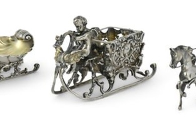 Two Silver Continental Silver Salt Cellars and a Sterling Silver Caviar Boat