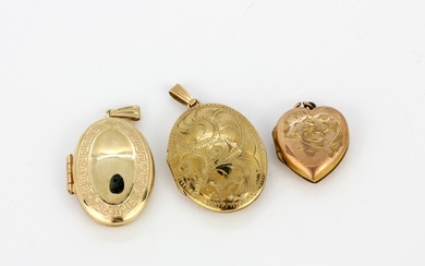 Two hallmarked 9ct yellow gold locket pendants together with a rolled gold heart shaped pendant, largest L. 3.8cm.