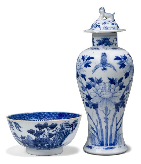 Two pieces of Chinese blue and white porcelain, 19th century, comprising a vase and cover painted with insects and peony sprays, 27cm high, and a bowl painted with a pagoda in a continuous landscape, 14.5cm diameter (2)