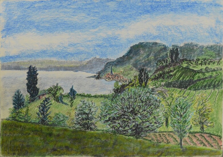 Two views of Lake Constance, "Blick auf die Höri", signed on the left, chalk on paper, and "Überlin