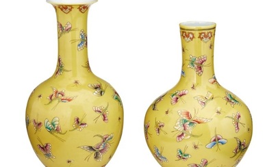 Two yellow ground butterfly vases